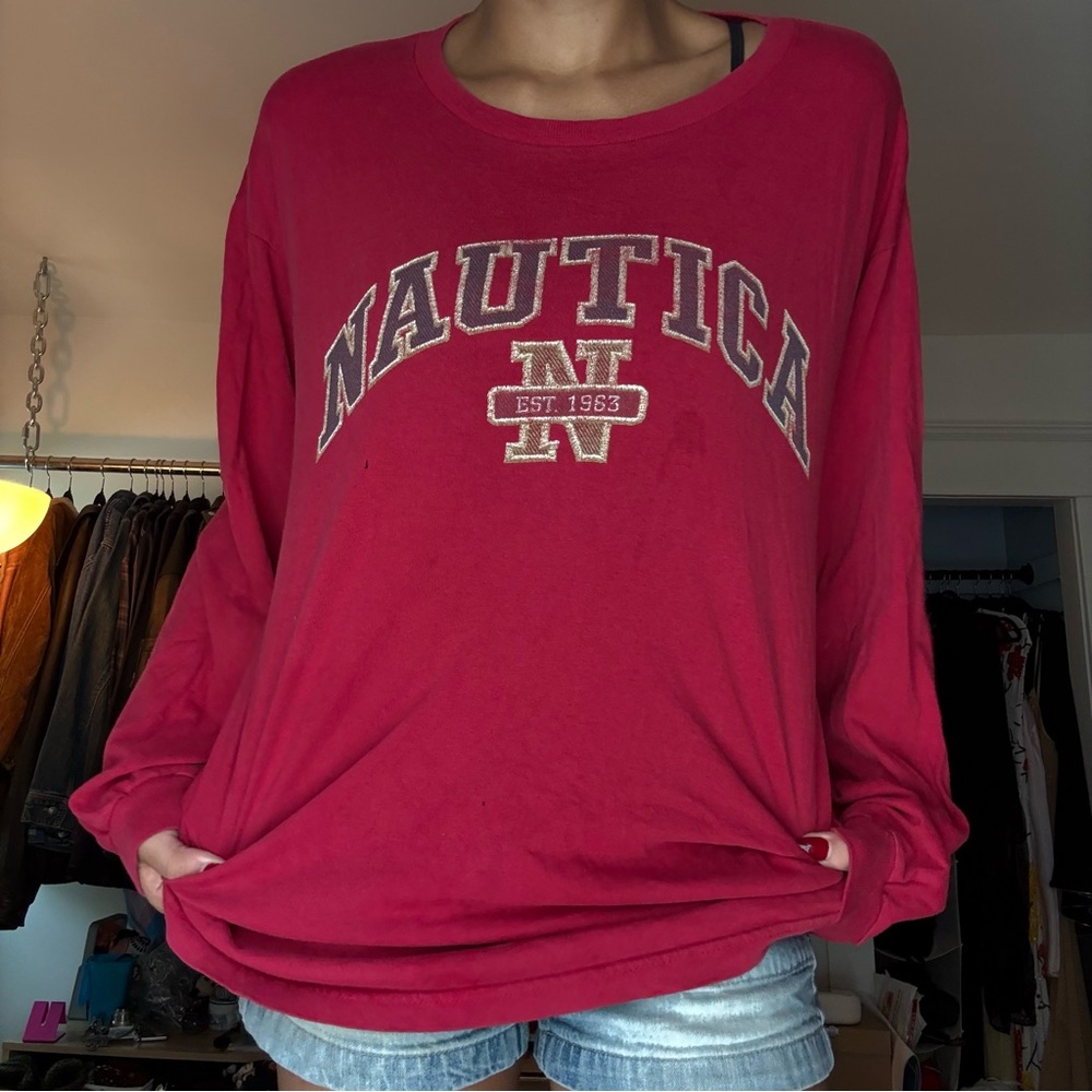Vintage Nautica Women's Red Long Sleeve Top